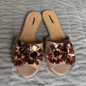 J. Crew Satin Slides Floral Embellishments Size 9 Warm Sandstone Like New